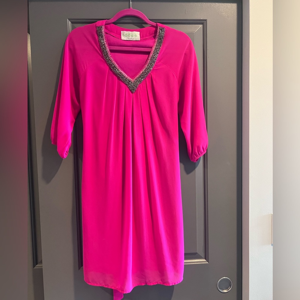 Hot pink dress with beaded neck